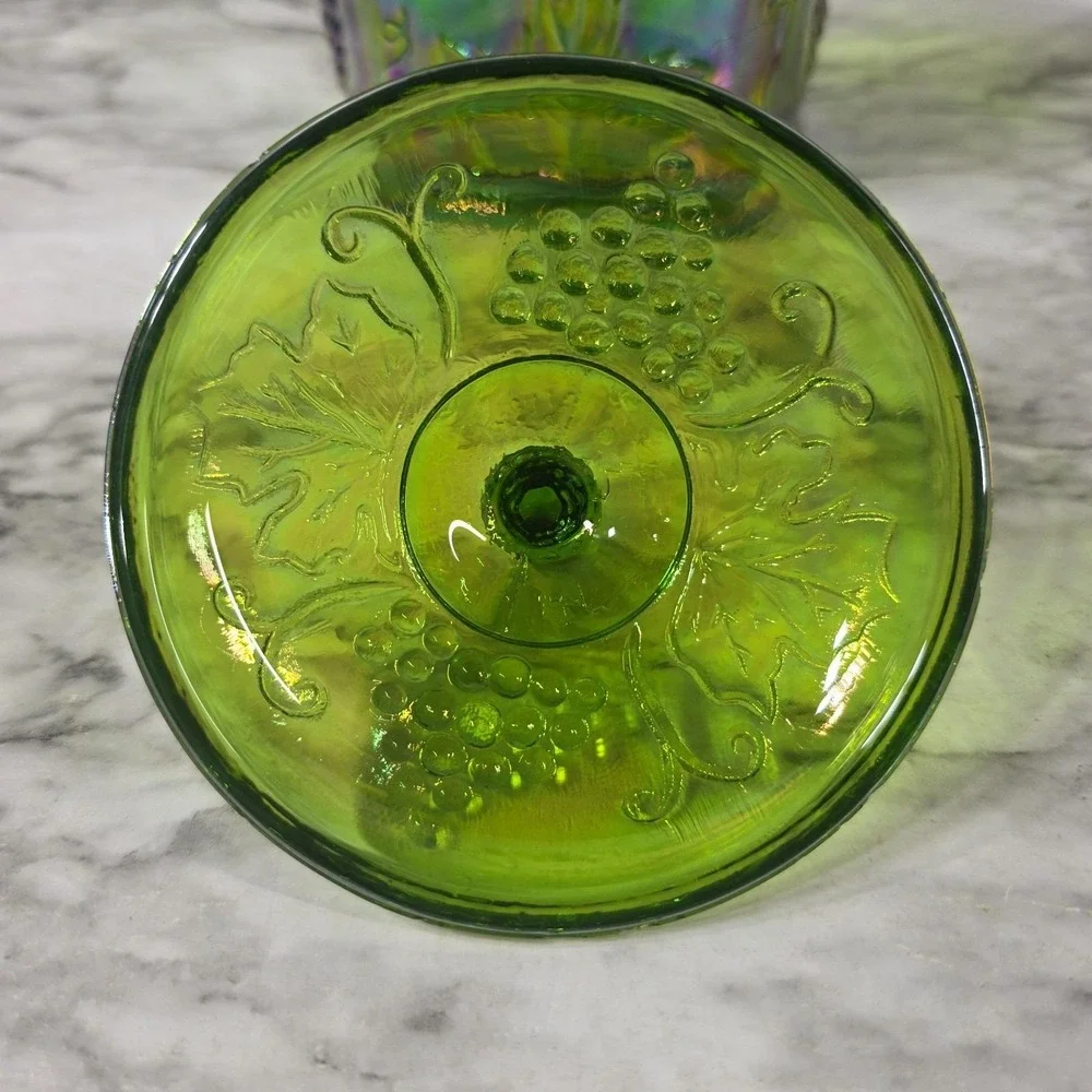 Indiana Glass Green Iridescent Carnival Glass Harvest Grape Canister w/Lid